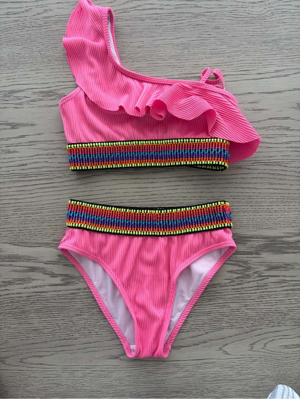 Betsey Johnson Pink Ruffle One-Shoulder Kids Bikini with Multicolor Beaded Trim